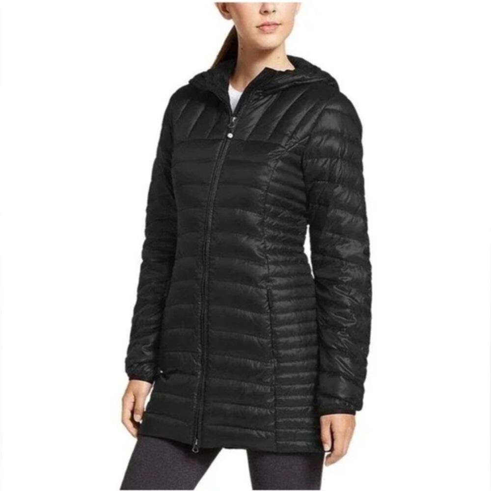 Eddie Bauer Astoria Puffer Black Down Filled Jacket Mid Length Hooded Women’s S